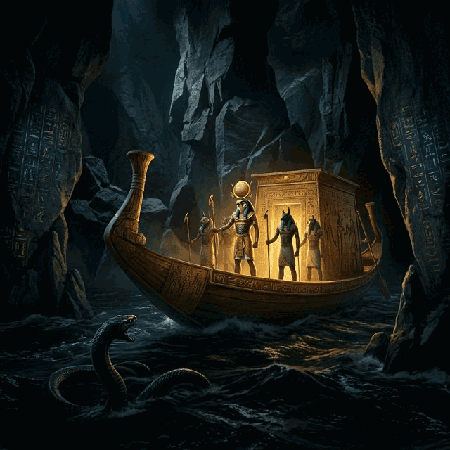 Illustration of the myth "The Solar Barque - Ra's Daily Journey" from the Egyptian Pantheon