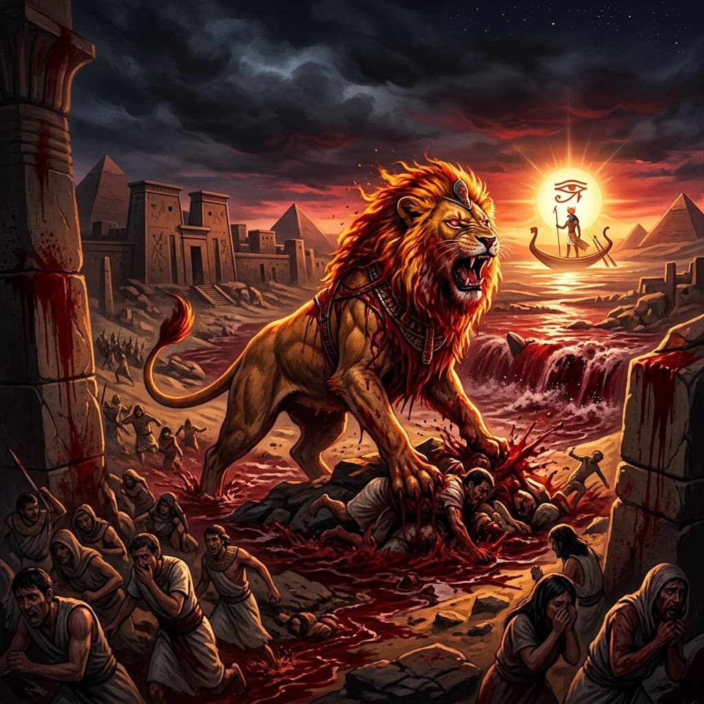 Illustration of the myth "The Destruction of Mankind" from the Egyptian Pantheon
