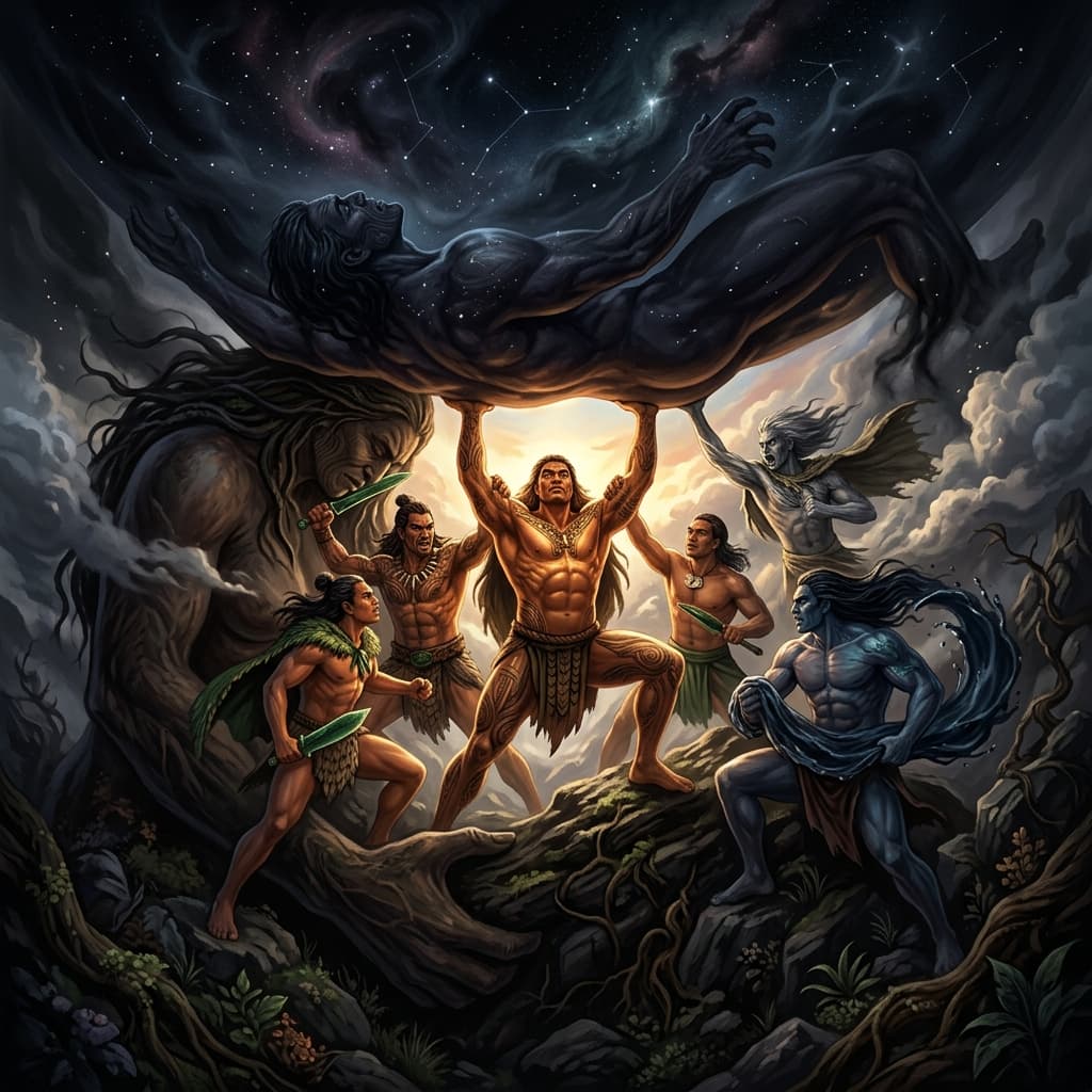 Illustration of the myth "The Separation of Rangi and Papa" from the Polynesian Pantheon