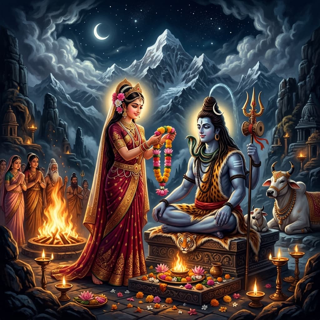 Illustration of the myth "The Marriage of Shiva and Parvati" from the Hindu Pantheon