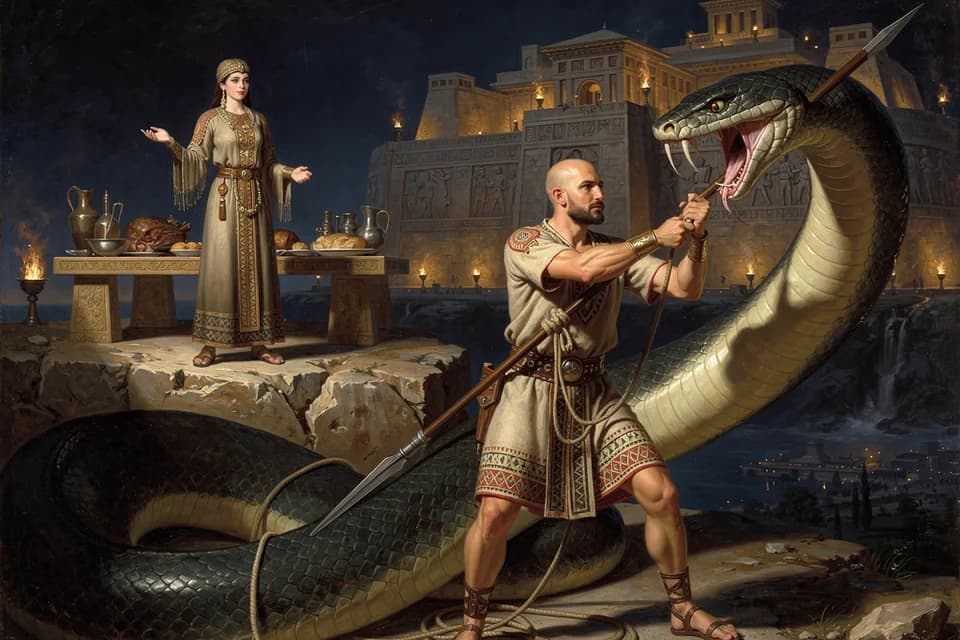 Illustration of the myth "The Storm-god and the Serpent Illuyanka" from the Hittite Pantheon