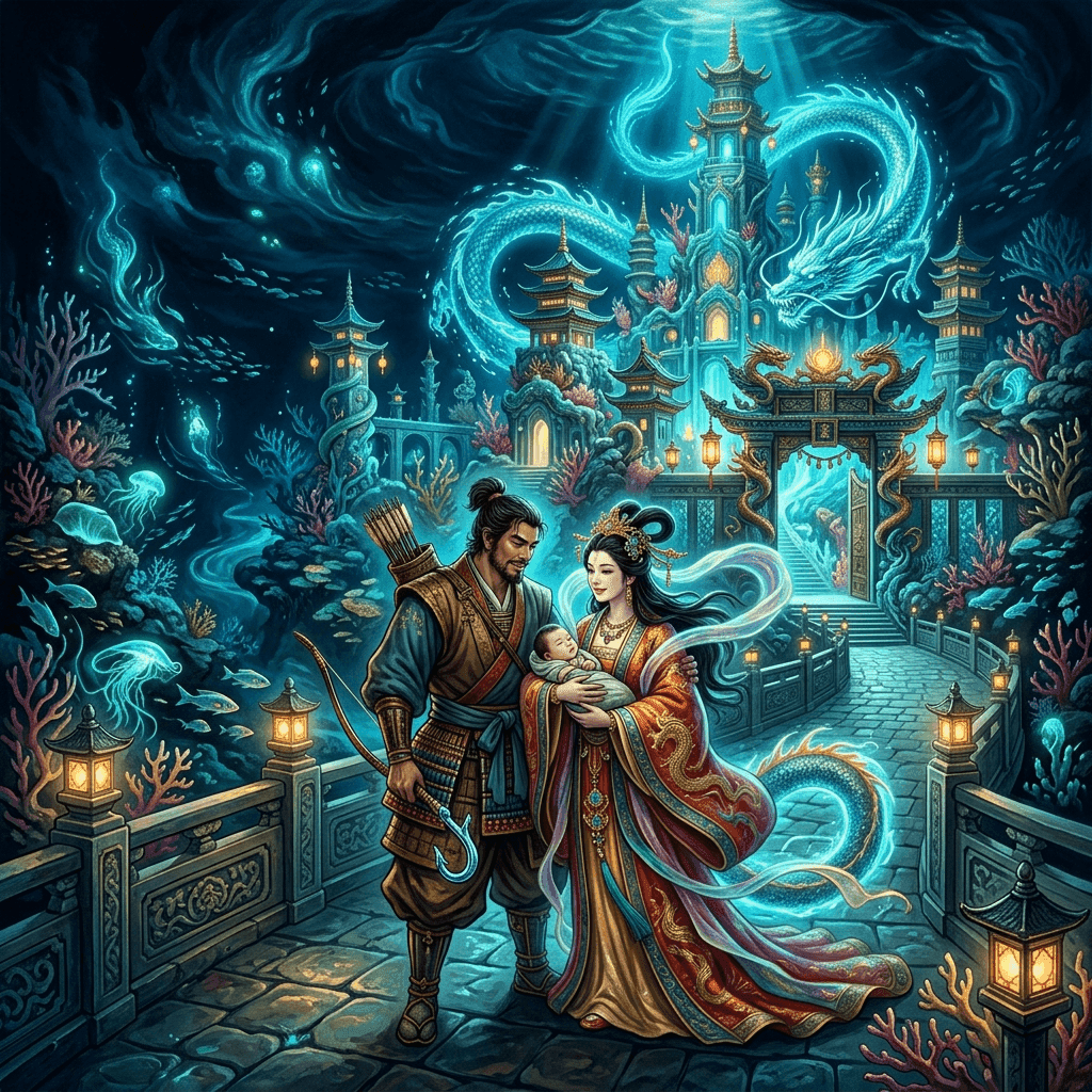 Illustration of the myth "Hoori and Toyotama-hime" from the Japanese Pantheon