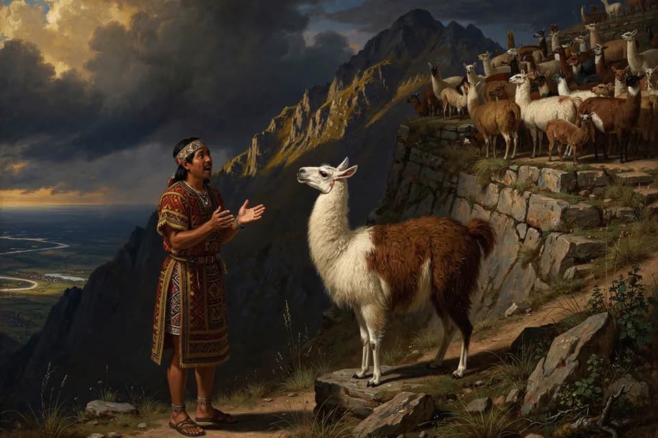 Illustration of the myth "The Llama Who Foresaw the Flood" from the Inca and Andean Tradition