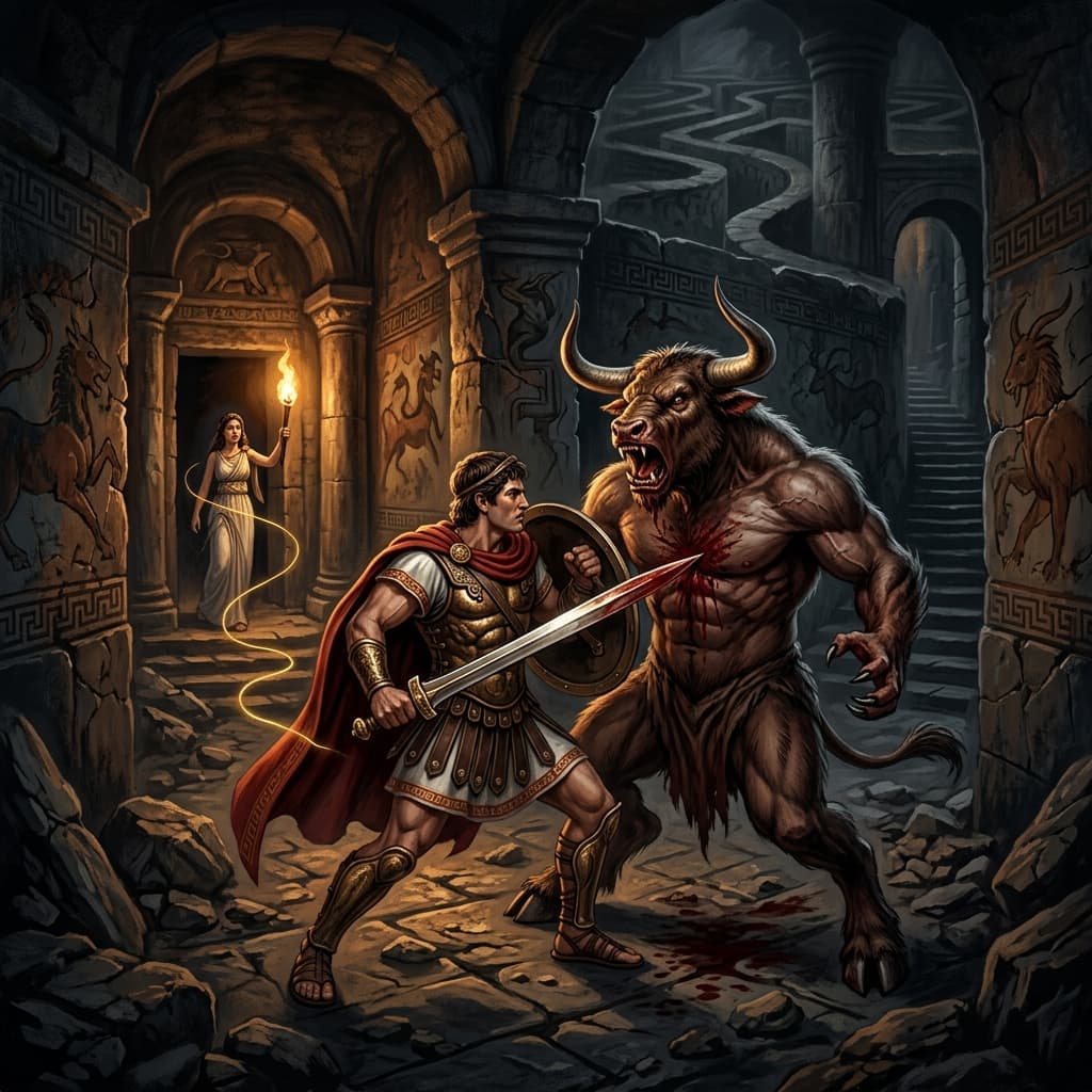 Illustration of the myth "Theseus and the Minotaur" from the Greek Pantheon