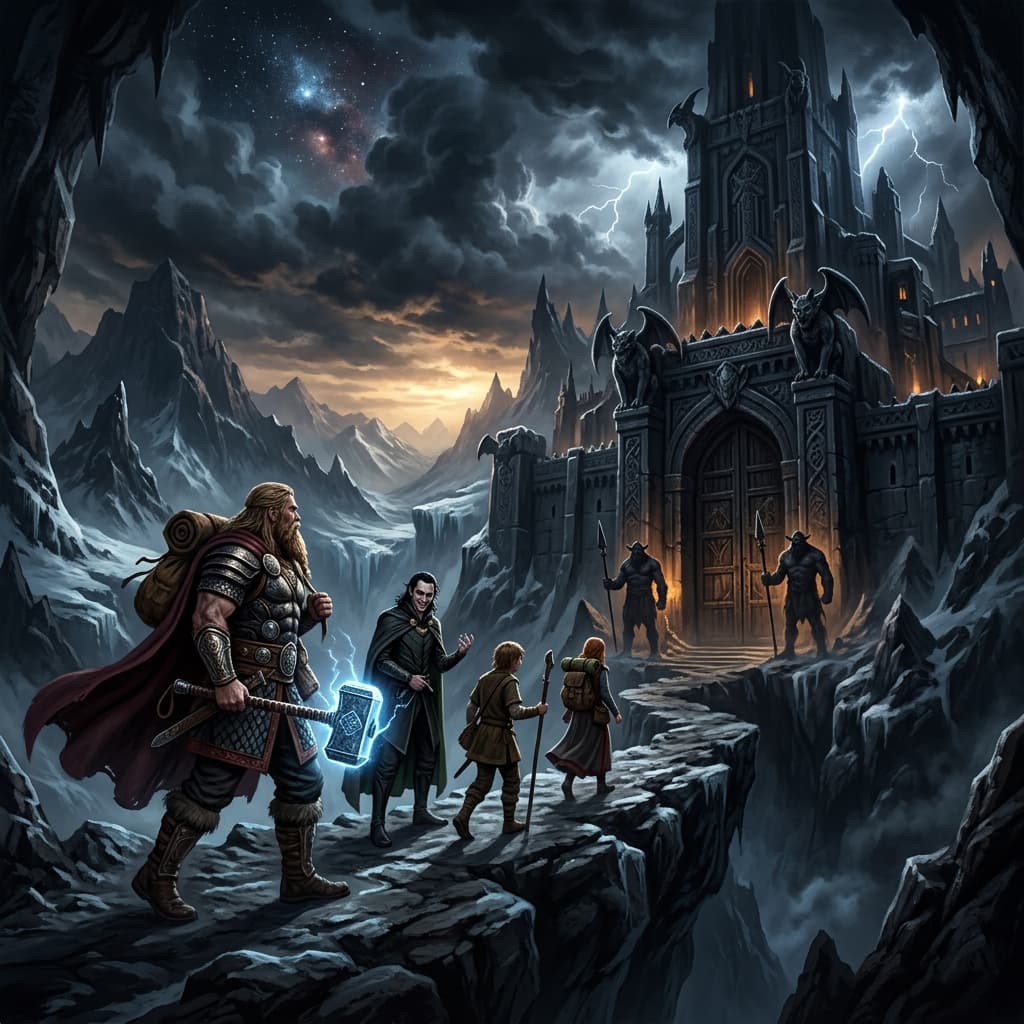 Illustration of the myth "Thor's Journey to Utgard" from the Norse Pantheon