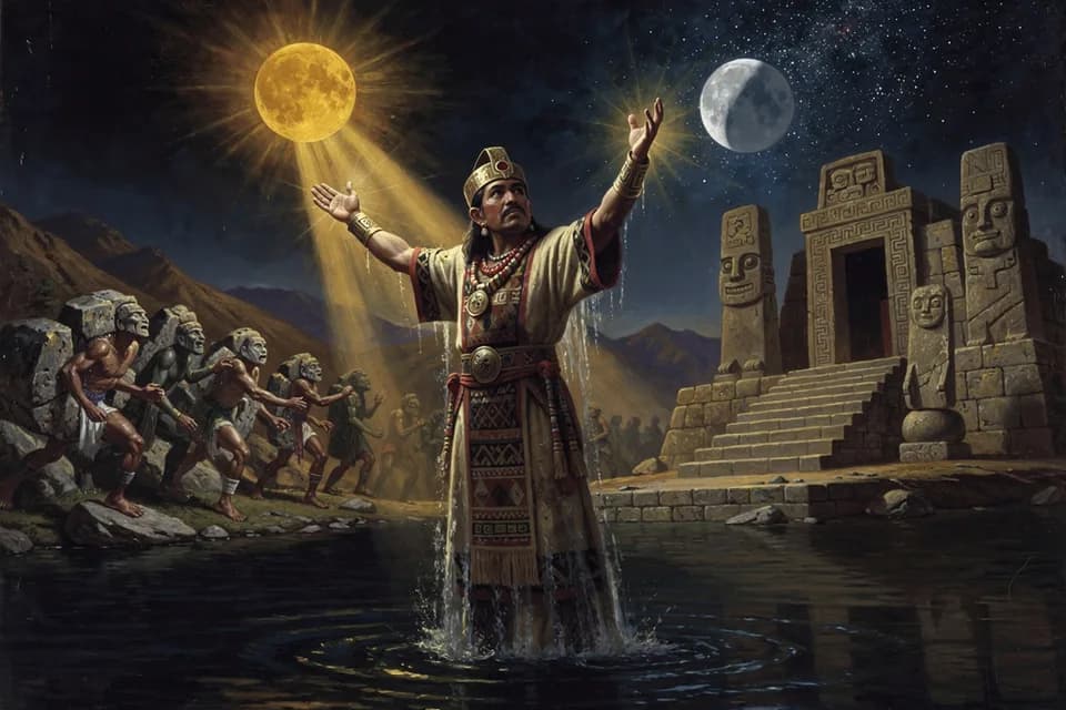 Illustration of the myth "Viracocha Makes the World at Titicaca" from the Inca and Andean Tradition