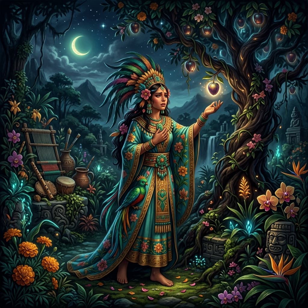 Illustration of the myth "Xochiquetzal and the Forbidden Fruit" from the Aztec Pantheon