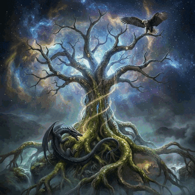 Illustration of the myth "Yggdrasil - The World Tree" from the Norse Pantheon