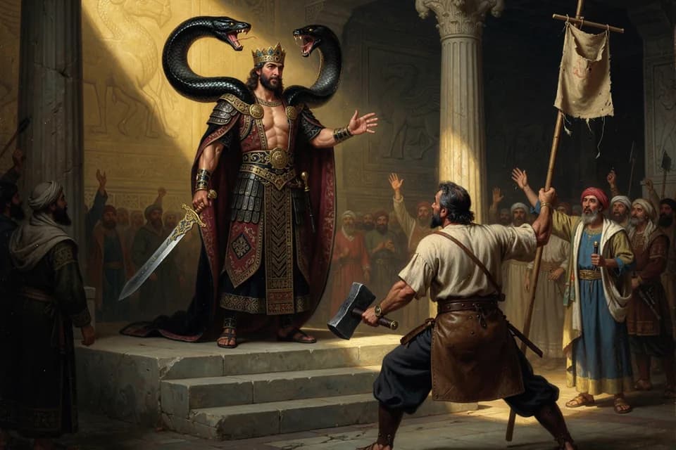 Illustration of the myth "Zahhak the Serpent King and Kaveh the Blacksmith" from the Persian (Iranian) Tradition