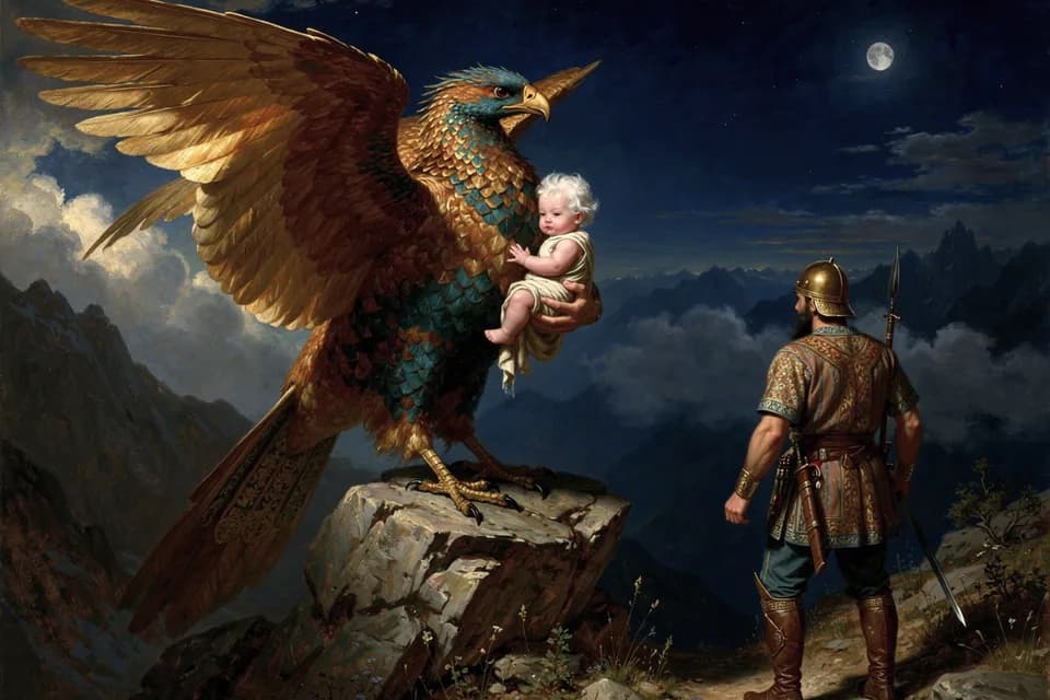 Illustration of the myth "Zal and the Simurgh" from the Persian (Iranian) Tradition