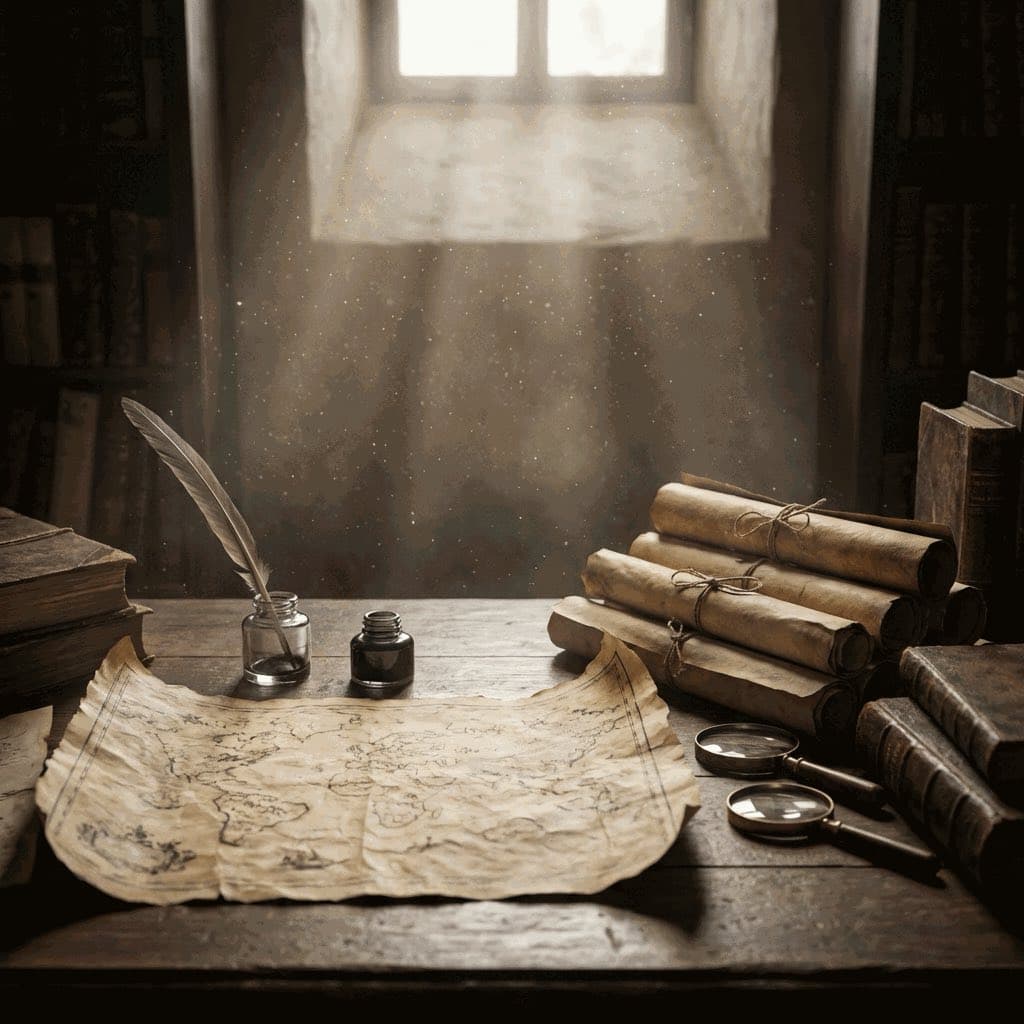 Ancient storytellers and heroes gathered in a mythic landscape